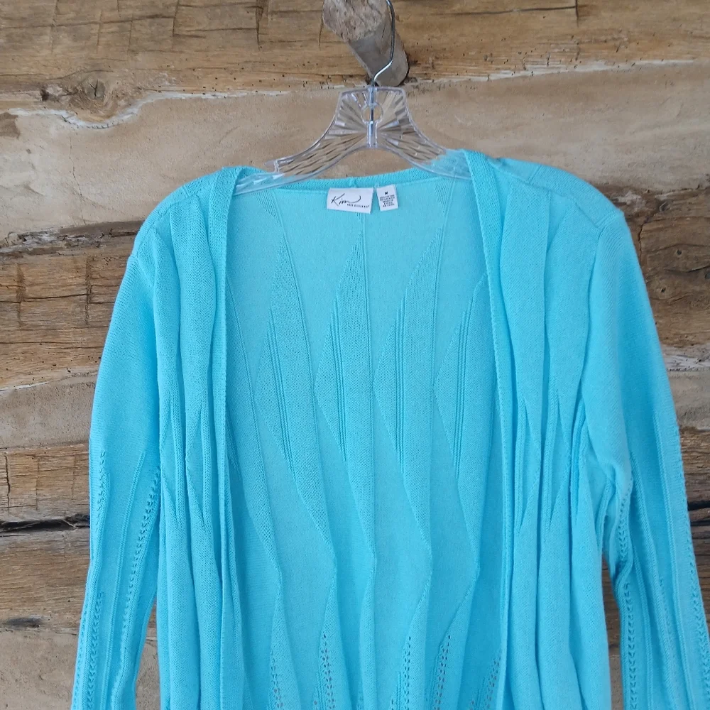 Kim Rogers Turquoise Open Front Pointelle Cardigan Medium - Picture 2 of 9